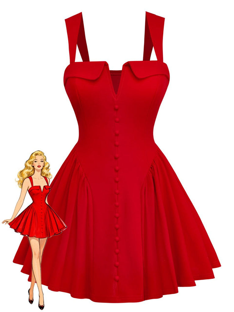 Elegantes rotes Minikleid im Vintage-Stil der 1960er Jahre mit eckigem Ausschnitt, dekorativer Knopfleiste vorne und Raffungen, perfekt für Cocktailpartys und romantische Abende.