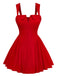 Stilvolles, rotes Minikleid im Mod-Stil mit eckigem Ausschnitt, Knopfdetails und gerafftem Stoff, ideal für Retro-Events und Partys.