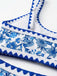 Detailansicht des Schulterträgers und des Ausschnitts des Bikini-Oberteils mit blauer, gewellter Zickzackborte.