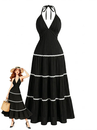 Schwarzes Neckholderkleid mit weißem Saum auf weißem Hintergrund