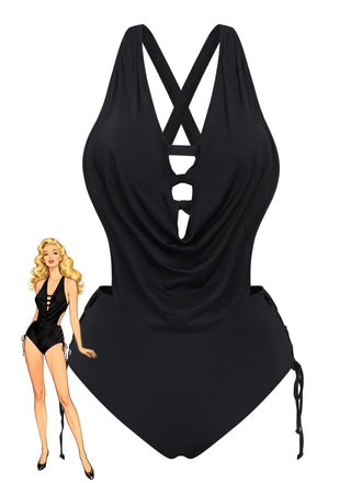 Schwarzer Vintage-Tankini mit gekreuzten Cut-out-Details und Schnürung im Stil der 1940er Jahre