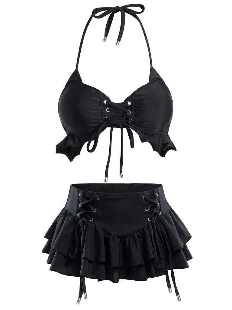 Schwarz 1950er Neckholder Schnürung Bikini Set & Gestuft Cover Up