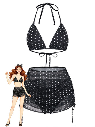 Schwarzes Tankini-Set im Stil der 1950er Jahre mit Raffungen