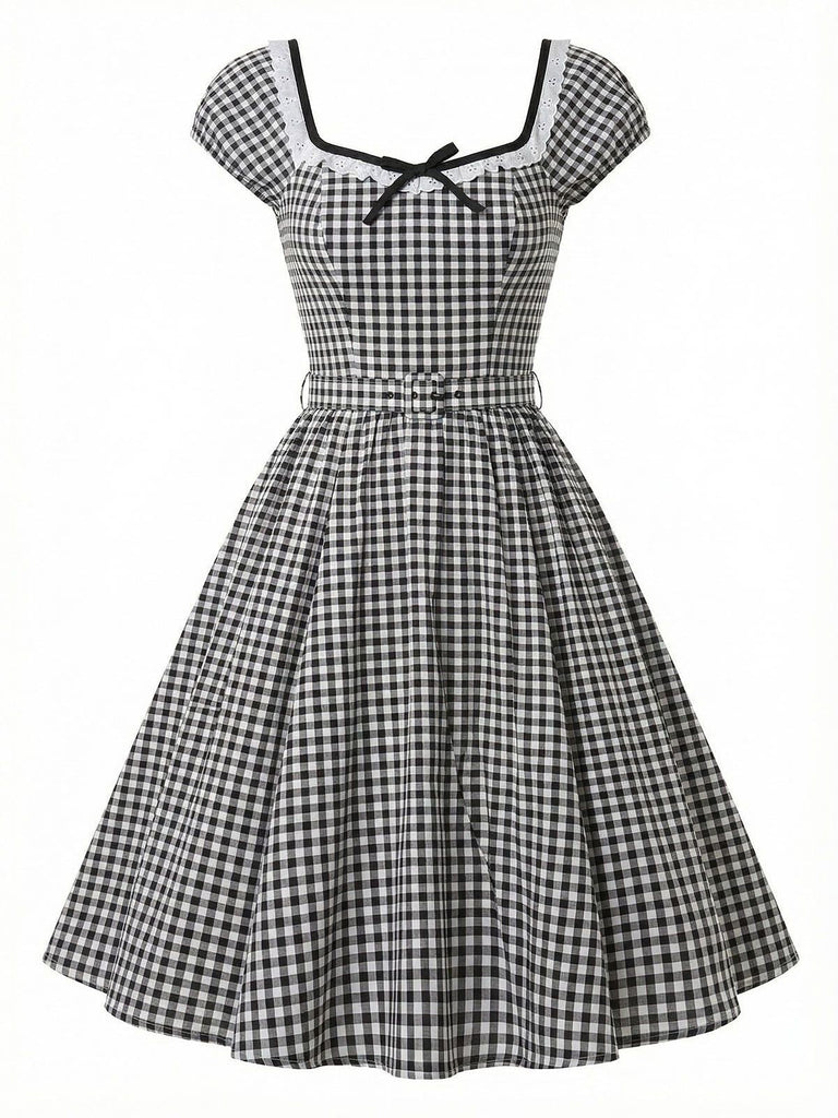 Schwarz 1950er Vichy-Karo Kappärmel Gürtel Kleid