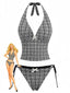 Schwarz 1960er Kariert Tief V Halter Tankini Set