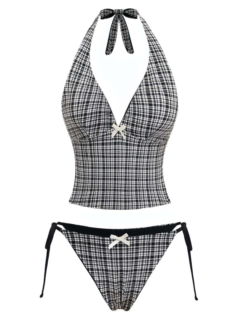Retro-Tankini-Set aus schwarzem Karomuster mit Neckholder, tiefem V-Ausschnitt und klassischem 60er-Jahre-Charme, ideal zum Schwimmen und für Strandaktivitäten im Sommer.