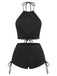 Klassischer schwarzer zweiteiliger Badeanzug mit Neckholder-Design und Raffungen, ideal für den Retro-Strandlook und Sommerurlaub