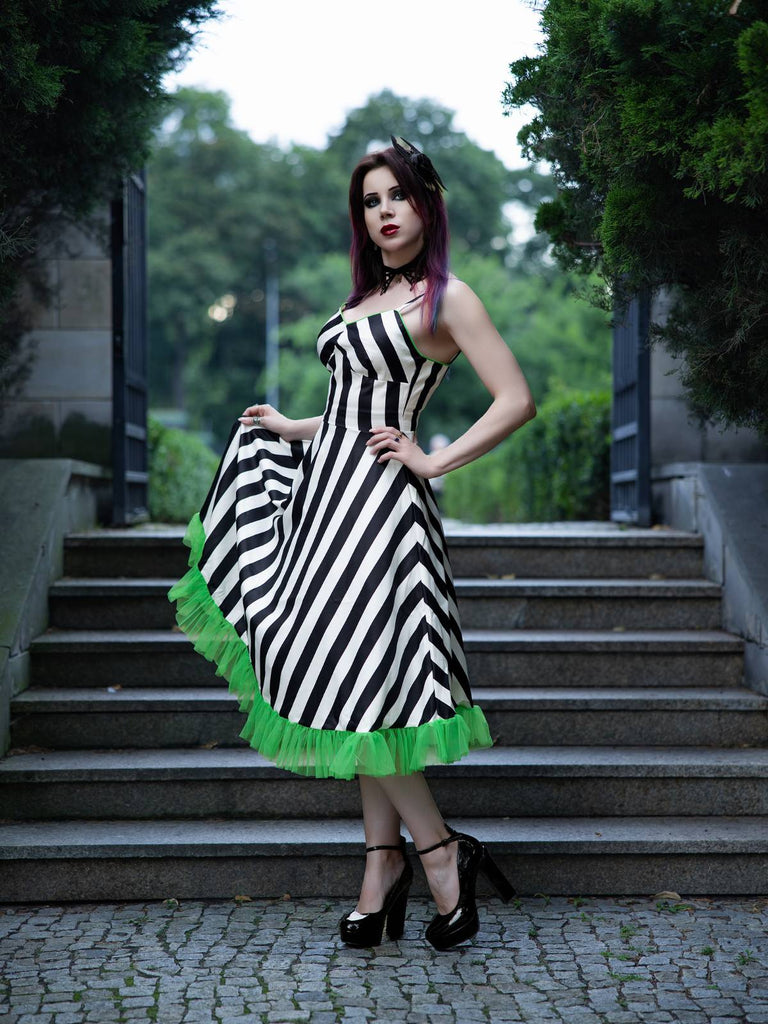 Beetlejuice Kostüm Gothic 1950er Streifen Fluoreszierend Grün Spitze Kleid
