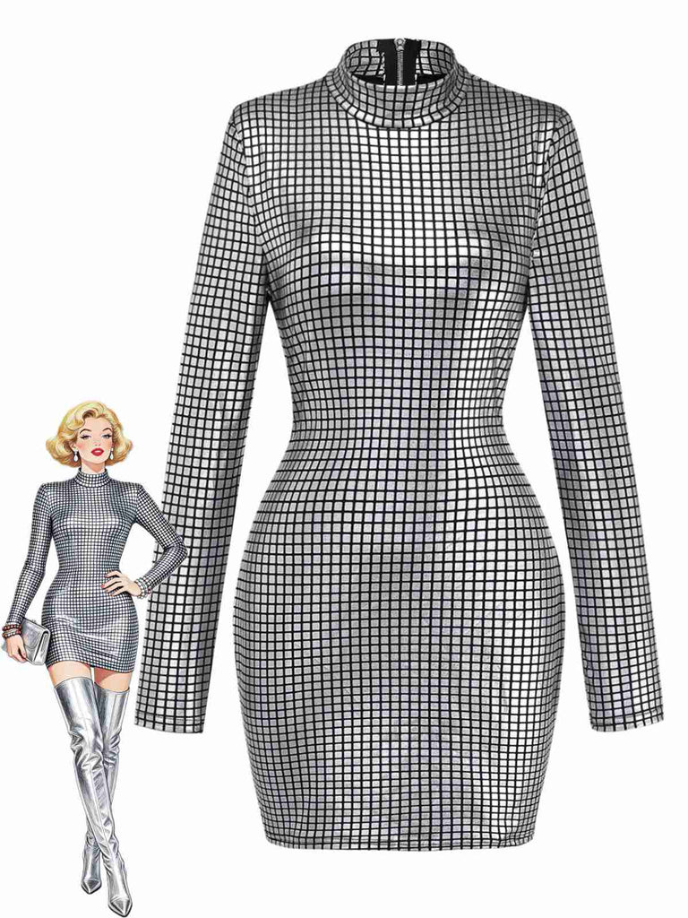 Glamouröses silbernes Minikleid mit funkelnden, quadratischen Pailletten im Stil der 1960er Jahre und Stehkragen – perfekt für Cocktailpartys und Abendveranstaltungen.