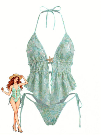 Türkisfarbenes Bikini-Set mit Blumenmuster und Pailletten im Neckholder-Stil der 1960er Jahre – Vintage-Mode, Retro-Stil