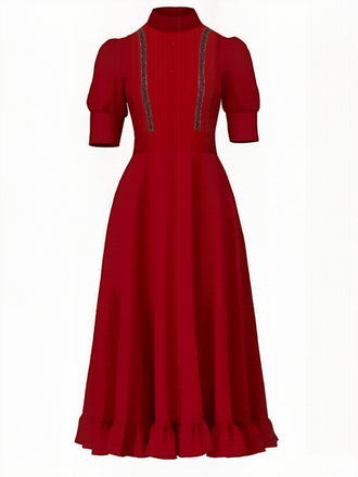 Rot 1940er X-Prequel Perle Spitze Rüschensaum Kleid