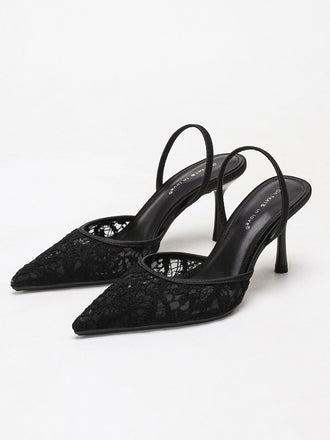 Schwarze Stiletto-Pumps aus den 1970er Jahren mit Blumenmuster und Mesh-Einsatz, Größe 2
