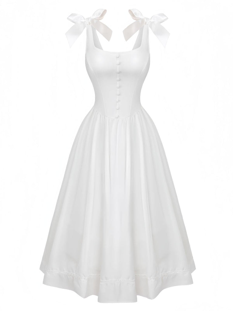Weiß 1940er Solide Schnürung Knopf Kleid
