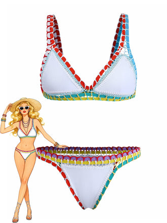 Weiß 1950er Bunt Stricken Halter Bikini Set