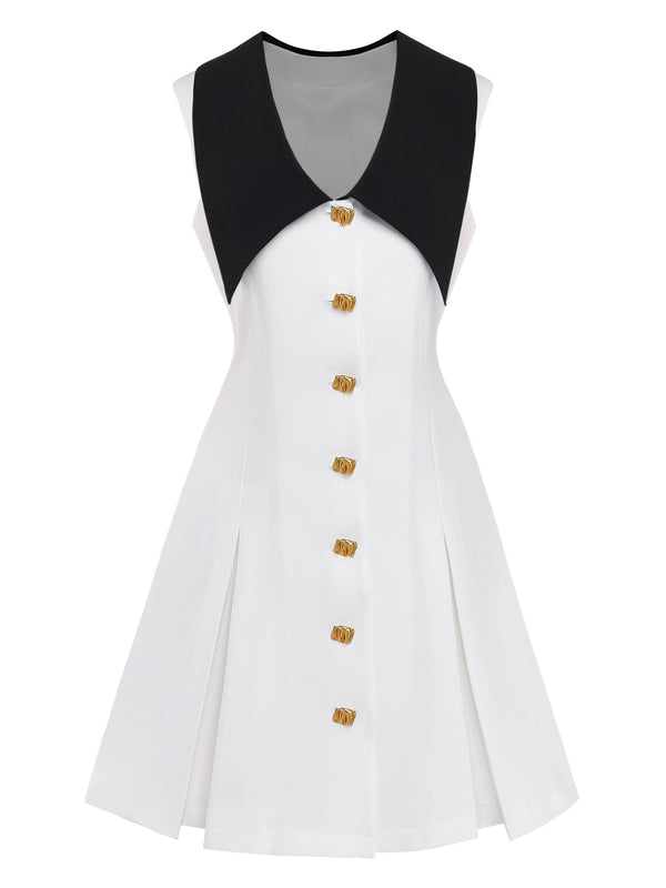 Weißes Midikleid im Stil der 1960er Jahre mit Reverskragen und Metallknöpfen, Größe 6