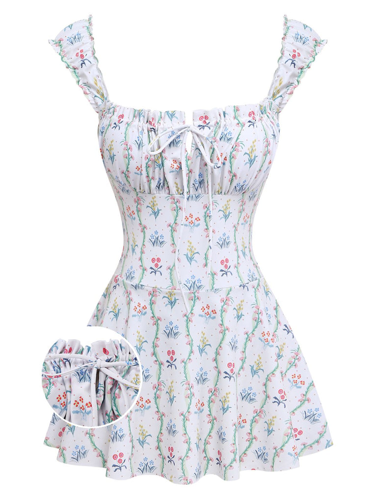 Weiß 1970er Blumen Rüschen Kappärmel Badeanzug-Kleid-detail