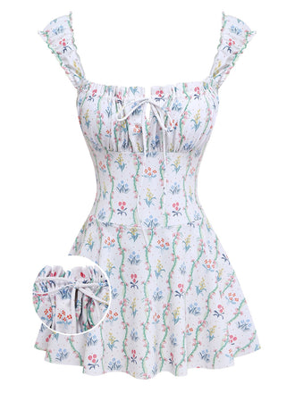 Weiß 1970er Blumen Rüschen Kappärmel Badeanzug-Kleid-detail