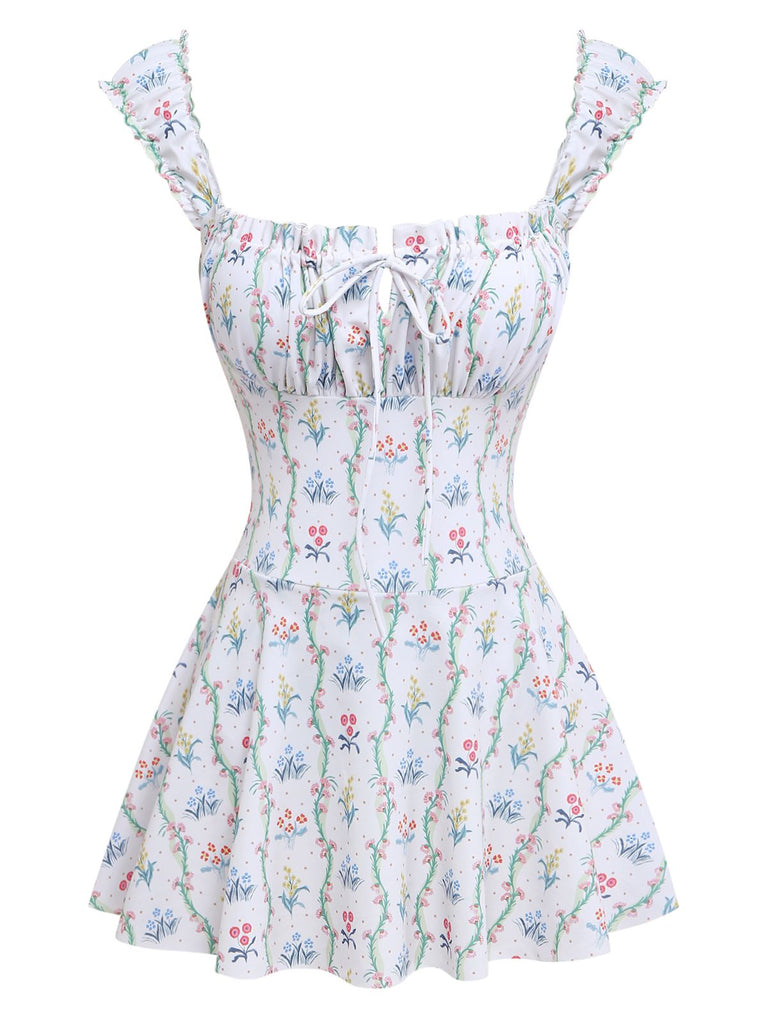 Weiß 1970er Blumen Rüschen Kappärmel Badeanzug-Kleid