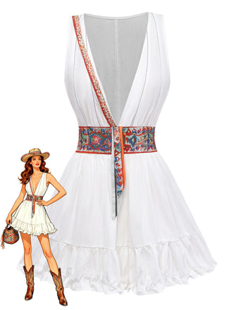 Weißes, ärmelloses Boho-Minikleid im Stil der 1970er Jahre mit V-Ausschnitt, Größe 2