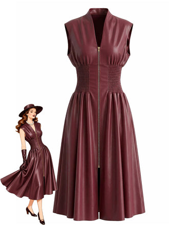 Burgunderrotes Kunstlederkleid im Stil der 1940er-Jahre mit kurzen Ärmeln und betonter Taille. Eine elegante Wahl für Cocktailpartys oder Retro-Veranstaltungen.