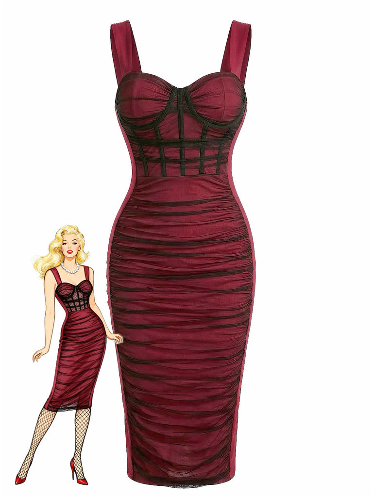 Weinrotes, figurbetontes Kleid im Stil der 1960er-Jahre mit Farbblock-Design und Raffungen aus Mesh – Vintage-Kleid, Retro-Mode, elegantes Rot