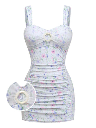 Elegantes weißes Badekleid im Stil der 1940er Jahre mit floralem Netzstoff, breiten Trägern, herzförmigem Ausschnitt und Strassverzierungen für Vintage-Strandglamour