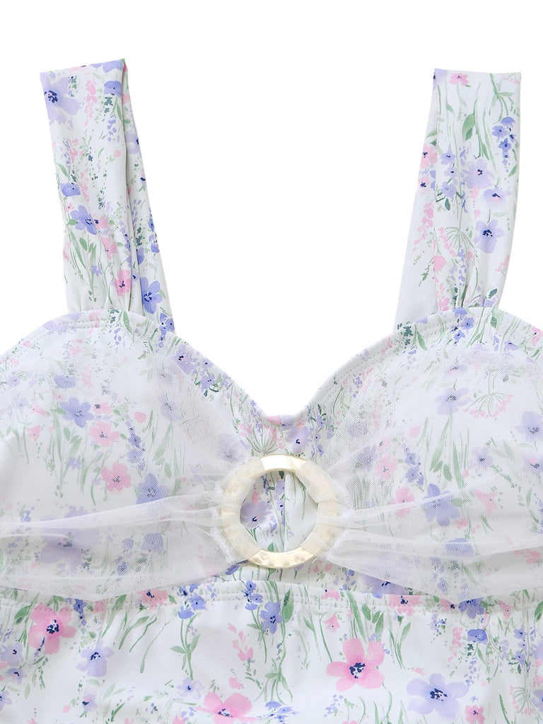 Weißer Badeanzug im Stil der 1940er Jahre mit floralem Netzmuster, Kunstharz und Edelsteinen