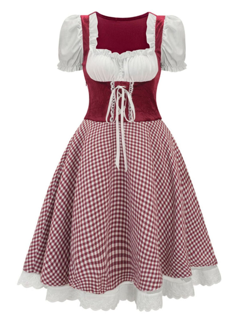 Grün 1950er Oktoberfest Puffärmel Gingham Plaid Kleid