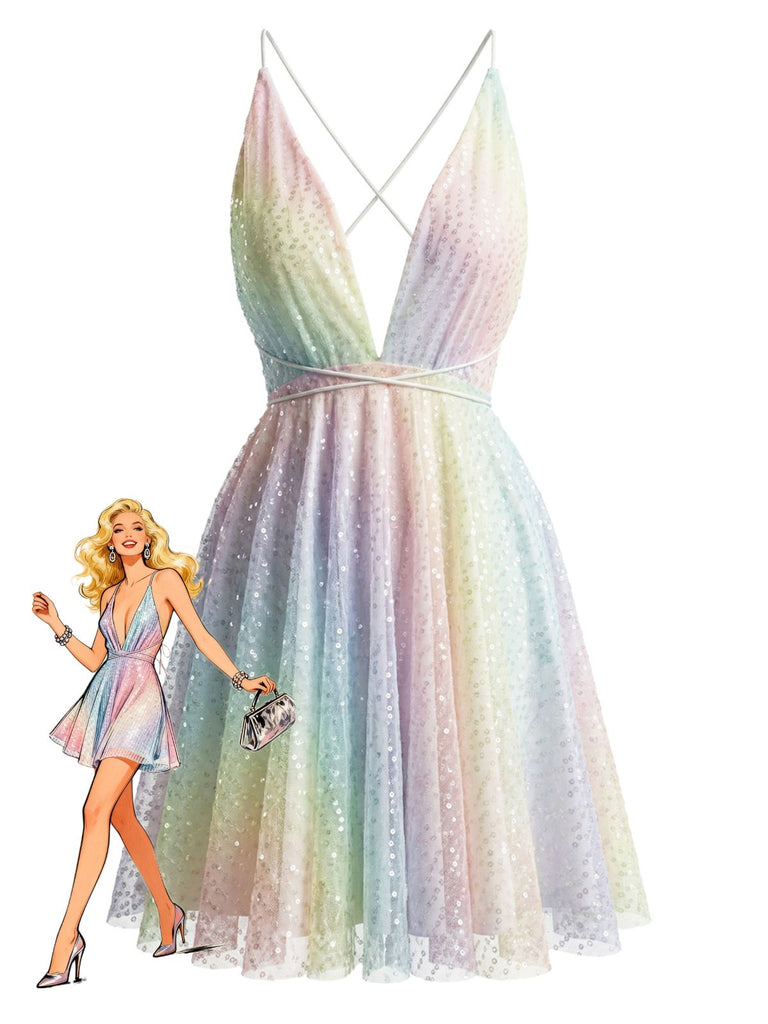 Ein funkelndes, regenbogenfarbenes Pailletten-Minikleid in Pastellfarben mit tiefem V-Ausschnitt und ausgestelltem Rock, abgebildet neben einer Modeillustration im Retro-Stil.