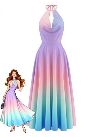 Vorderansicht eines ärmellosen Midikleids im Neckholder-Stil mit einem Farbverlauf in Lila, Rosa und Türkisblau.