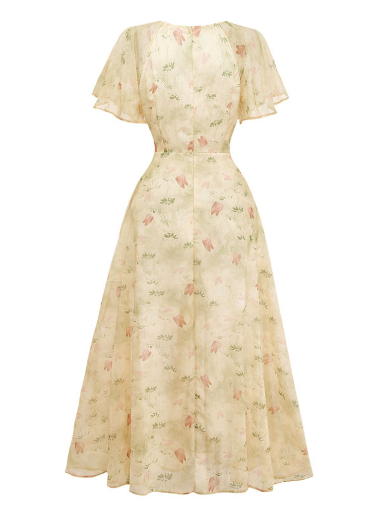 Gelbes Chiffonkleid aus den 1930er Jahren mit Schmetterlingsärmeln – Rückansicht