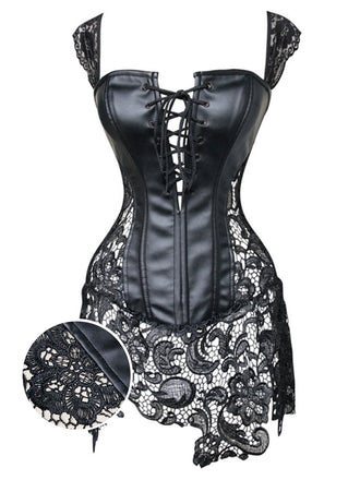 Schwarzes Steampunk-Leder-Gothic-Spitzenkorsett