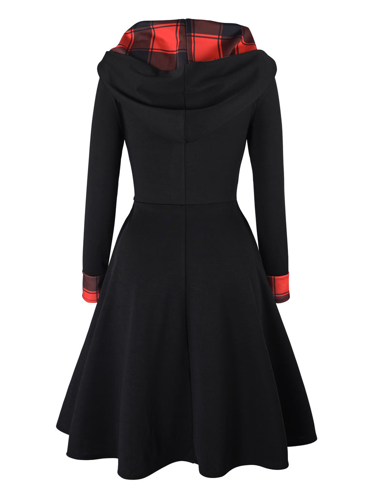1950er Schwarz Plaid Kleid mit Kapuze und Knopf