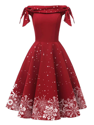 1950er Rot Weihnachtskleid schulterfreies Schneeflockenkleid