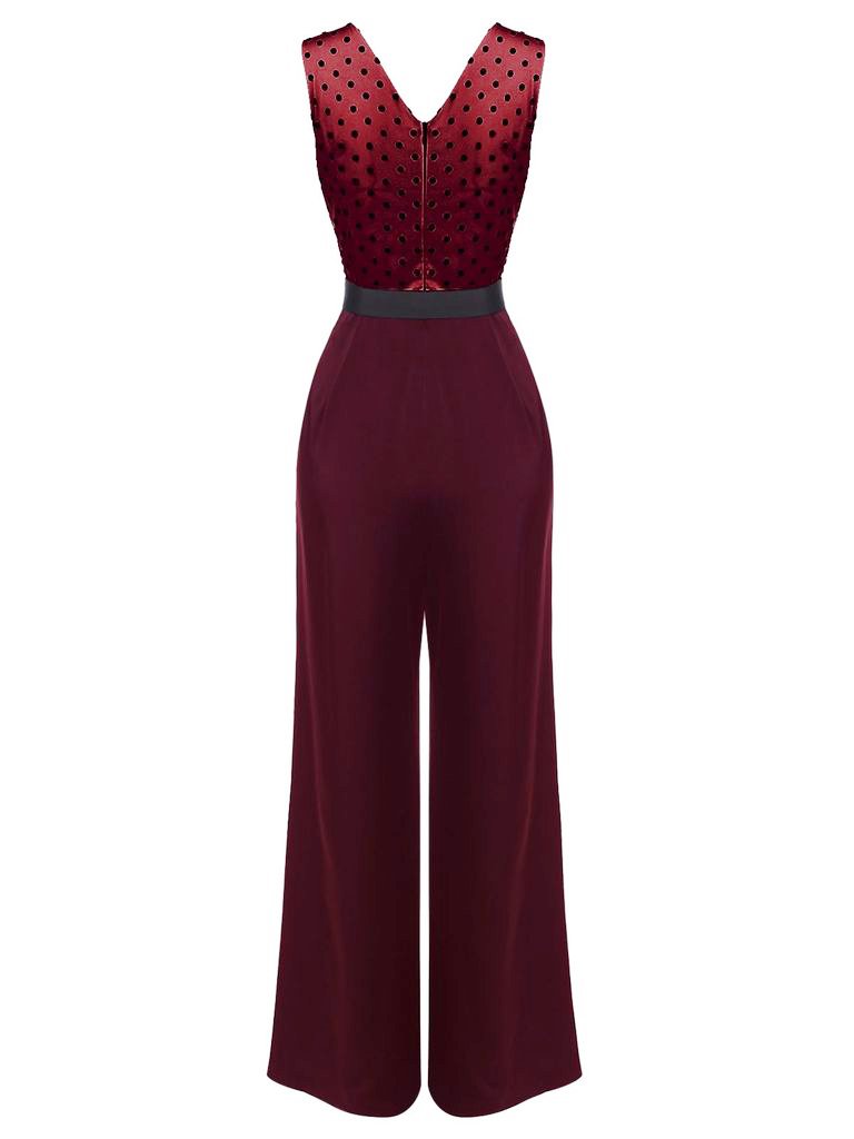 Weinroter 1950er Polka Dot Gürtel Jumpsuit