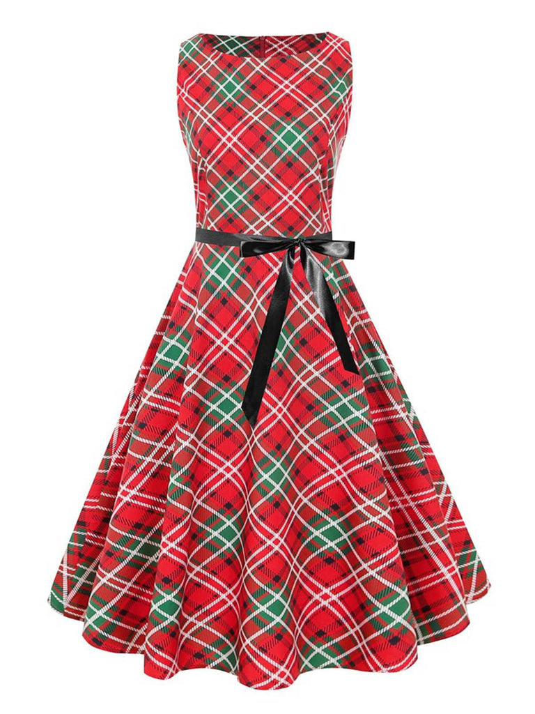 [Vorverkauf] Rotes 1950er Weihnachten kariertes ärmelloses Kleid