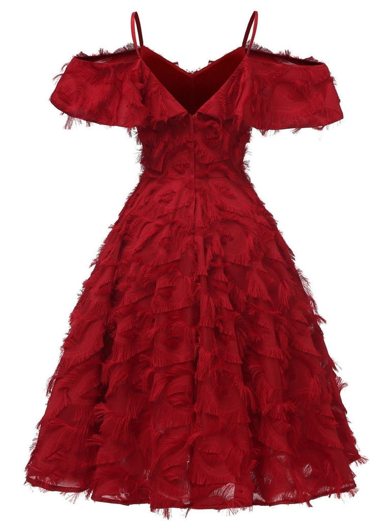 1950er Jahre Rüschen Quaste Feder Einfarbiges Kleid