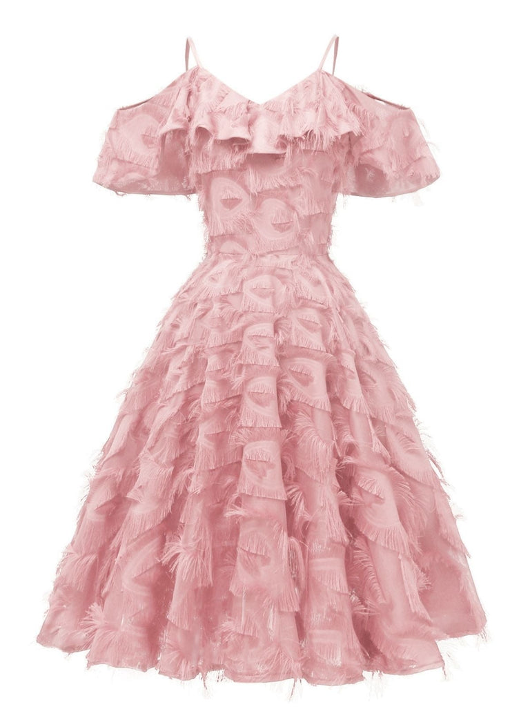 1950er Jahre Rüschen Quaste Feder Einfarbiges Kleid