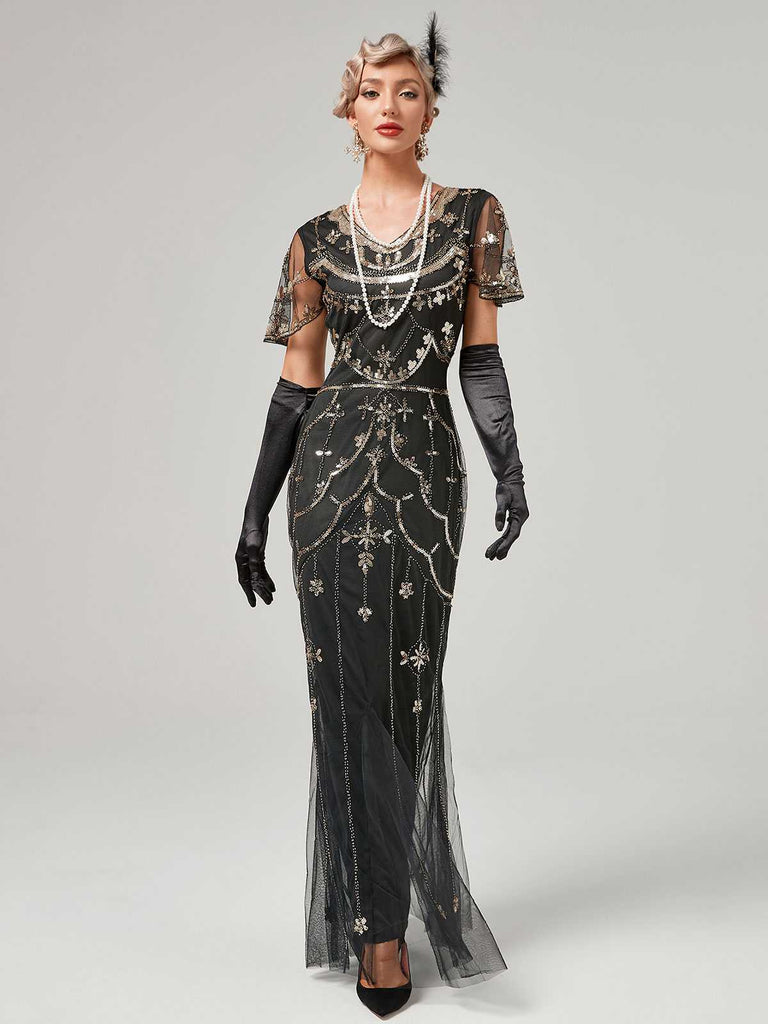 1920er V-Ausschnitt Paillettenbesetztes Mesh Meerjungfrauenkleid Formelles Kleid