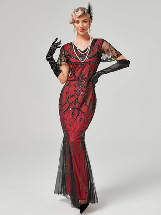 1920er V-Ausschnitt Paillettenbesetztes Mesh Meerjungfrauenkleid Formelles Kleid