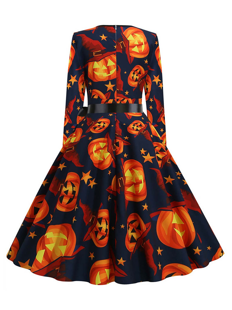 1950er Halloween Kleid mit langen Ärmeln und V-Ausschnitt mit Kürbisschleife