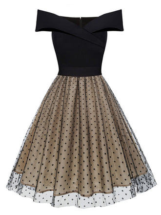 Schwarz 1950er Polka Dots Schulterfreies Patchwork Kleid