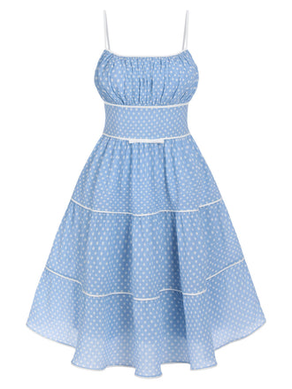 [Vorverkauf] Himmelblau 1950er Polka Dot Träger Swing Kleid
