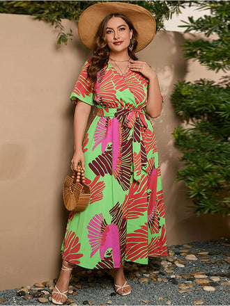 [Große Größen] Hellgrünes 1930er Blatt-V-Ausschnitt-Kleid mit Gürtel