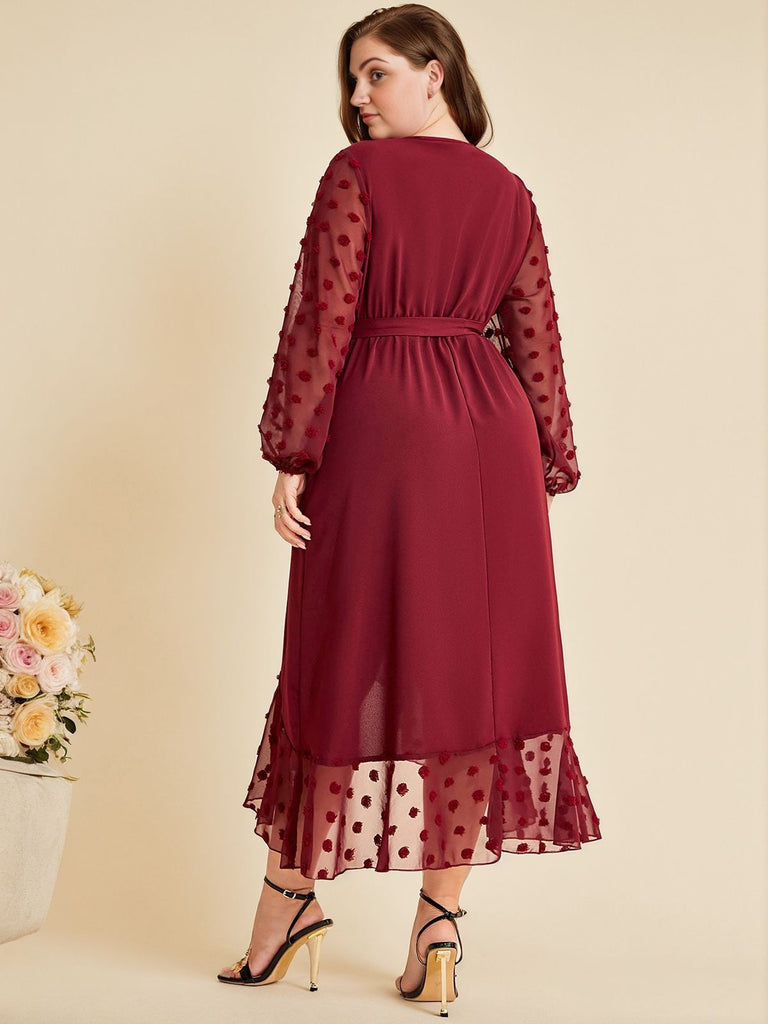 [Übergröße] Weinrot 1940er V-Ausschnitt Kleid mit Maschengürtel