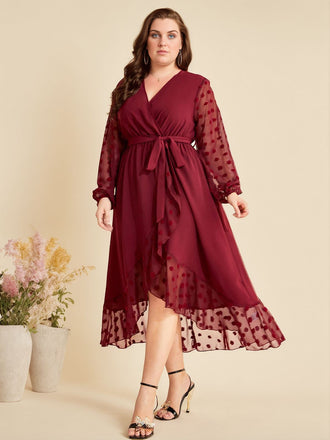 [Große Größen] Weinrot 1940er V-Ausschnitt Kleid mit Maschengürtel