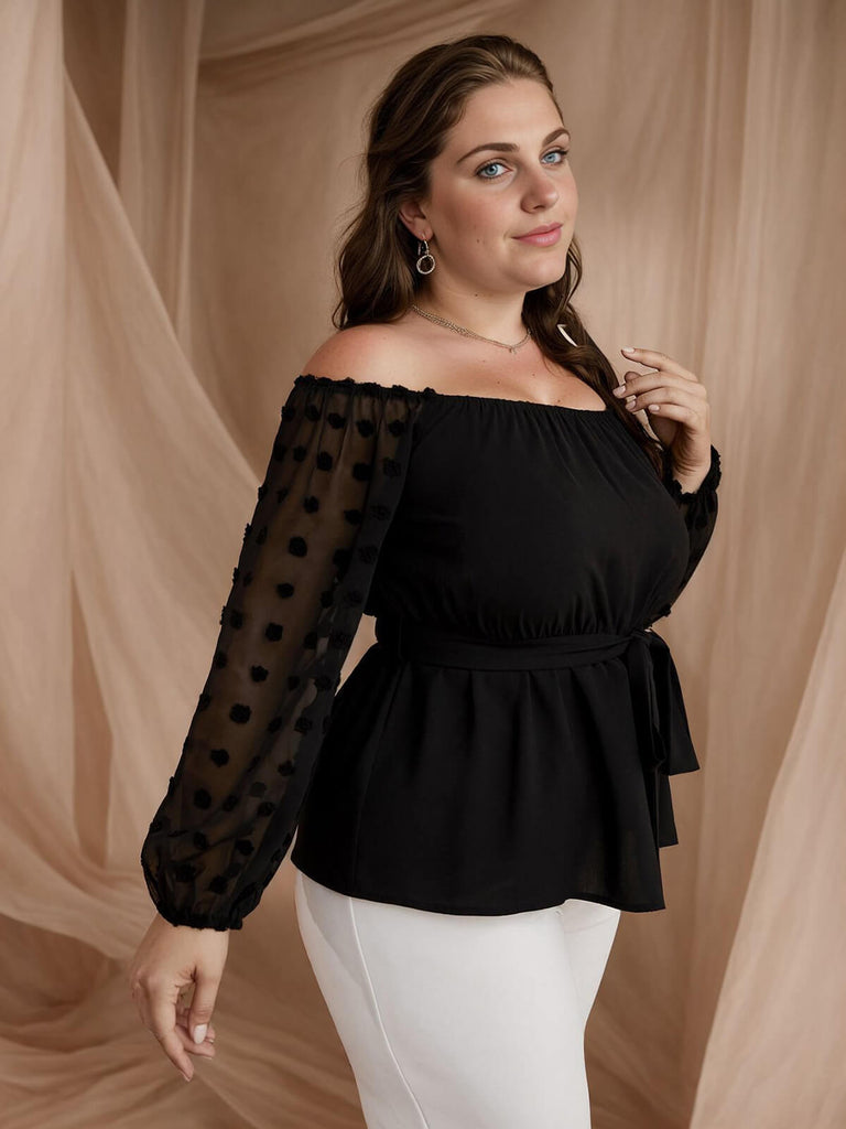 [Übergröße] Schwarz 1960s Off-Shoulder Dots Sheer Sleeve Top