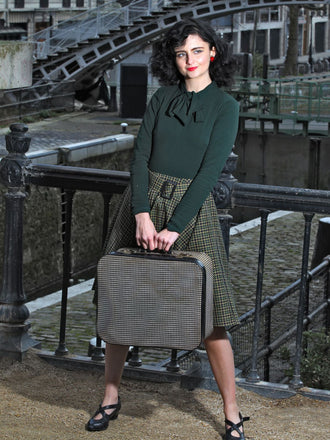 1950ER DUNKELGRÜNES KARIERTES STRICKKLEID