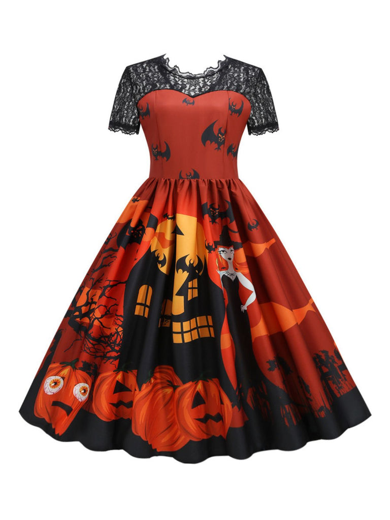 1950er Halloween Spitze Patchwork Fledermaus Swing Kleid