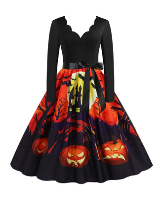 Schwarzes 1950er Halloween Kürbis Kleid mit langen Ärmeln